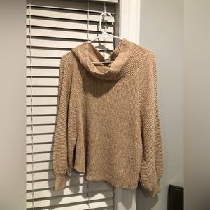 Free People Caramel Ribbed Cable Knit Cowl Neck Sweater